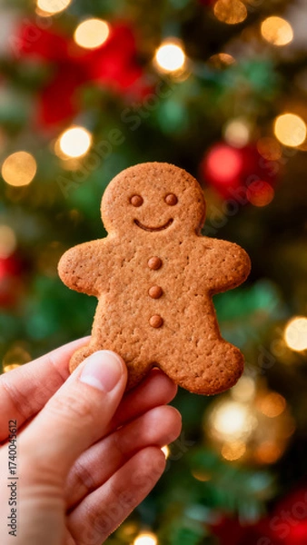 Fototapeta A hand holds a cheerful gingerbread cookie shaped like a person in front of a beautifully decorated Christmas tree. The warm lights create a festive atmosphere.