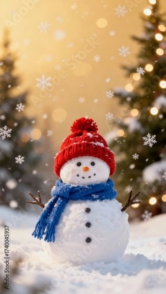 Fototapeta Cute snowman wearing a red hat and blue scarf stands in a snowy landscape with Christmas trees and falling snowflakes