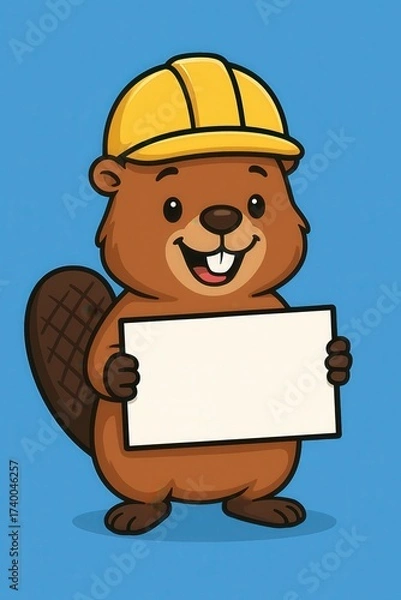 Fototapeta Smiling Beaver Builder Character in Yellow Hard Hat with Empty White Board for Text, Blue Backdrop Concept Illustration, Generative AI