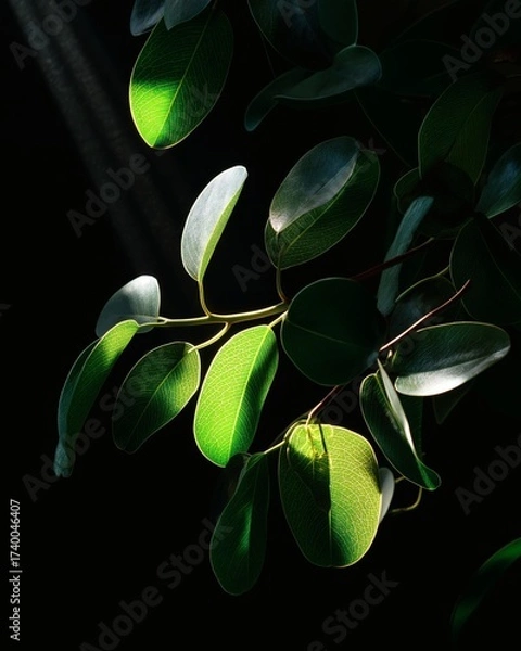 Fototapeta Sunlit Eucalyptus Leaves: A dance of light and shadow on green foliage.