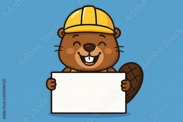 Fototapeta Smiling Beaver Builder Character in Yellow Hard Hat with Empty White Board for Text, Blue Backdrop Concept Illustration, Generative AI
