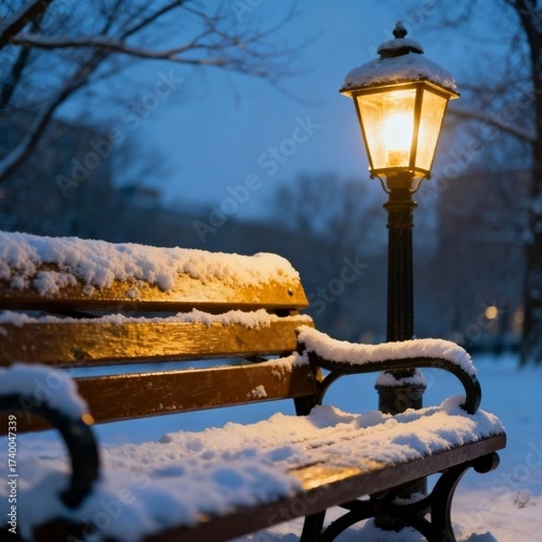 Fototapeta A serene winter scene shows a wooden park bench blanketed in fresh snow. A glowing lamp casts a warm light, creating a cozy atmosphere in the peaceful evening.