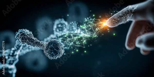 Fototapeta Digital representation of human finger touching glowing network of interconnected nodes, symbolizing fusion of technology and biology. scene conveys innovation and connectivity