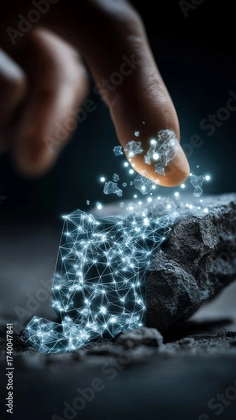 Fototapeta Finger interacts with rock, transforming it into digital network of glowing connections, symbolizing digital transformation and innovation in technology