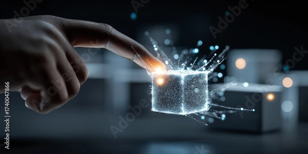 Fototapeta Hand interacts with glowing digital cube, symbolizing futuristic technology and innovation. scene conveys sense of connection and advancement in digital world