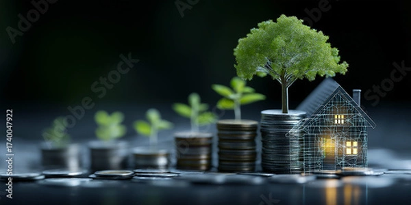 Fototapeta Miniature house model with glowing interior sits atop stacked coins, symbolizing investment sustainable energy and green building materials. Small plants grow from coins, representing growth