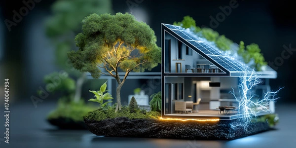 Fototapeta Modern eco friendly house with solar panels and lush greenery symbolizes sustainable living and renewable energy. vibrant design highlights integration of nature and technology
