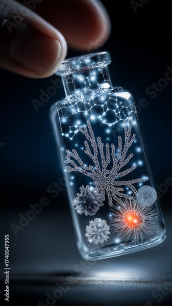 Fototapeta Hand holds small glass vial containing intricate marine life forms, glowing with bioluminescence. scene highlights ocean conservation and potential of rare earth elements in technology