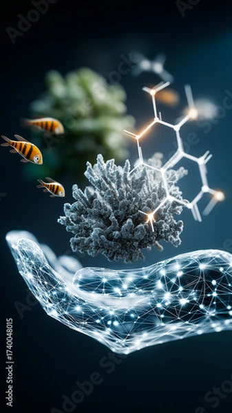 Fototapeta Digital hand holds coral with molecular structure overlay, symbolizing ocean conservation technology. Bright fish swim nearby, highlighting marine biodiversity