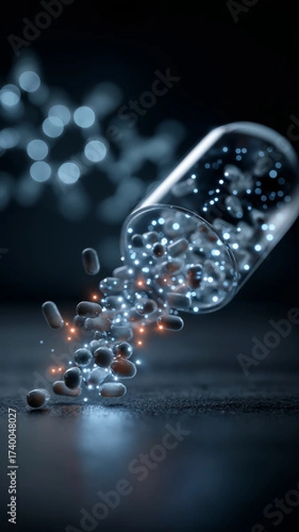 Fototapeta Futuristic depiction of pharmaceutical drug discovery, featuring transparent capsule with glowing particles and molecules, symbolizing innovation in medicine and virtual reality education