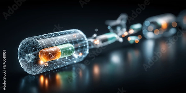 Fototapeta Futuristic digital representation of pharmaceutical capsule, showcasing glowing network of connections, symbolizes innovation medicine and technology. image conveys sense of advancement