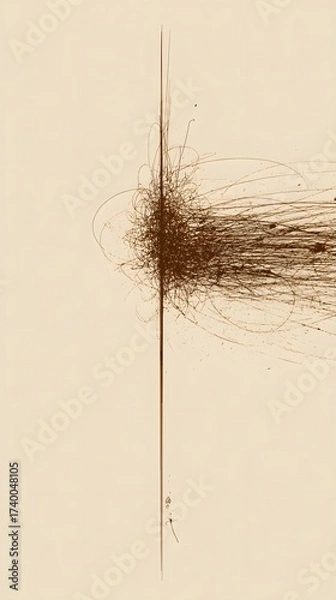 Fototapeta A vertical brown line bisects an off-white space. From the line, a dark, chaotic burst of strokes emanates to the right. Some lines curve.
