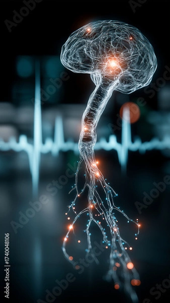 Fototapeta Digital representation of human brain and spinal cord with glowing neural connections, set against background of heartbeat waveform, symbolizing intersection of technology and medicine