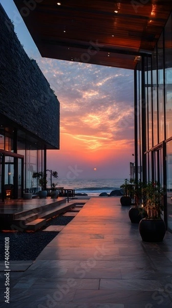 Fototapeta A modern building's walkway frames a vibrant sunset over the ocean, featuring glass walls, stone textures, and potted plants. The sky transitions from orange to blue.