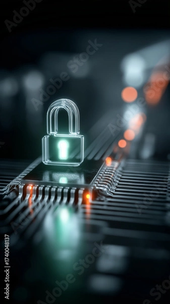 Fototapeta Glowing padlock symbol on semiconductor chip represents cybersecurity and data protection, highlighting importance of secure technology in digital age