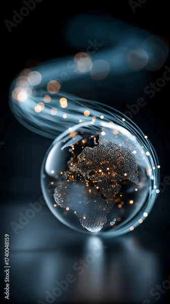 Fototapeta Digital globe with glowing connections represents global communication and internet expansion, highlighting space economy and geopolitics. image conveys futuristic and interconnected world