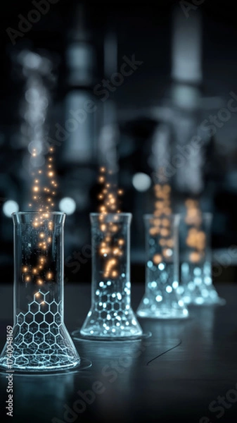 Fototapeta Glowing particles rise from futuristic glass beakers in laboratory setting, symbolizing innovative scientific research and sustainable technology. scene conveys sense of discovery
