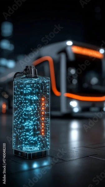 Fototapeta Futuristic energy storage device with glowing blue circuitry stands in front of modern electric bus, highlighting advancements in urban mobility and smart energy solutions