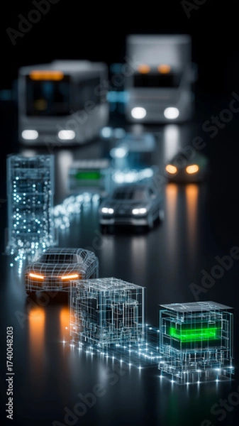 Fototapeta Futuristic vehicles and energy storage solutions are depicted with digital wireframes, showcasing advanced urban mobility concepts. scene conveys innovation and smart technology
