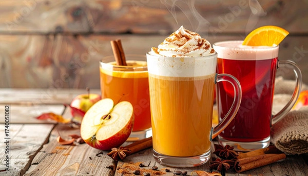 Fototapeta Fall Beverage Set with Pumpkin Spice Latte, Hot Apple Cider, and Mulled Wine, Isolated on Transparent Background.