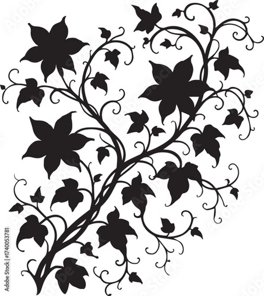 Fototapeta Elegant Floral Silhouette Lush Vine with Blooms and Leaves, black silhouette clip art vector drawing