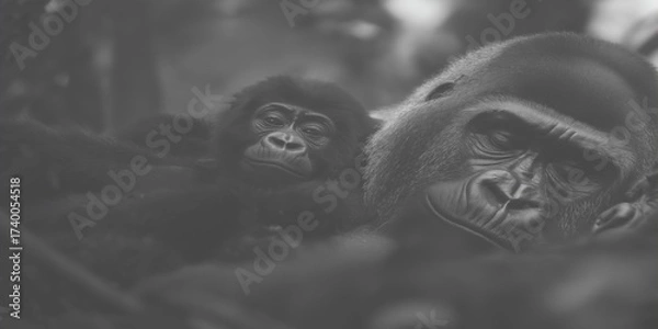 Fototapeta Gorilla and baby rest together in quiet scene of familial affection.