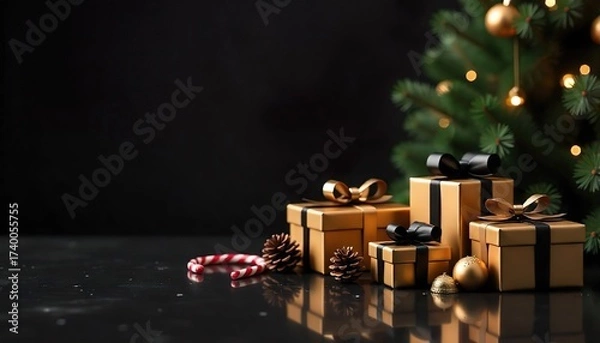 Fototapeta A group of wrapped gift boxes and a Christmas tree on dark background, The boxes are golden, black bows, small pine cones, candy canes. The Christmas tree is decorated with lights and ornaments.