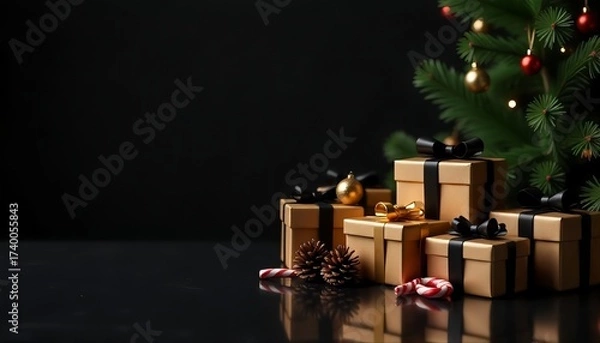 Fototapeta A group of wrapped gift boxes and a Christmas tree on dark background, The boxes are golden, black bows, small pine cones, candy canes. The Christmas tree is decorated with lights and ornaments.