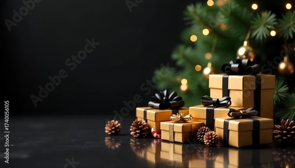Fototapeta A group of wrapped gift boxes and a Christmas tree on dark background, The boxes are golden, black bows, small pine cones, candy canes. The Christmas tree is decorated with lights and ornaments.