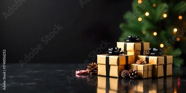 Fototapeta A group of wrapped gift boxes and a Christmas tree on dark background, The boxes are golden, black bows, small pine cones, candy canes. The Christmas tree is decorated with lights and ornaments.