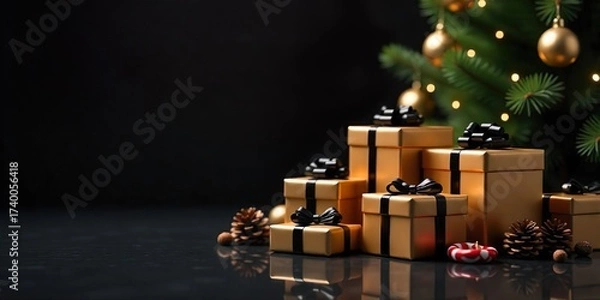 Fototapeta A group of wrapped gift boxes and a Christmas tree on dark background, The boxes are golden, black bows, small pine cones, candy canes. The Christmas tree is decorated with lights and ornaments.