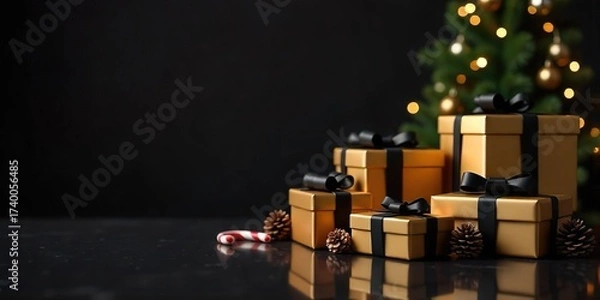 Fototapeta A group of wrapped gift boxes and a Christmas tree on dark background, The boxes are golden, black bows, small pine cones, candy canes. The Christmas tree is decorated with lights and ornaments.