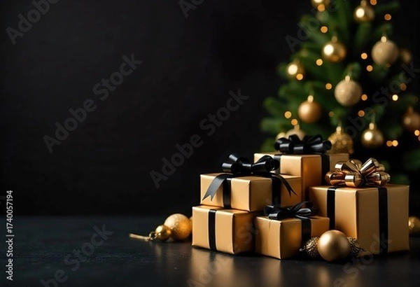Fototapeta A group of wrapped gift boxes and a Christmas tree on dark background, The boxes are golden, black bows, small pine cones, candy canes. The Christmas tree is decorated with lights and ornaments.
