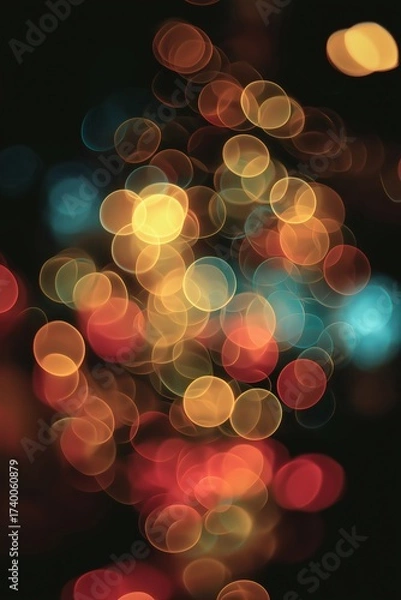Fototapeta Abstract circles of golden, red, and teal light create bokeh effect.