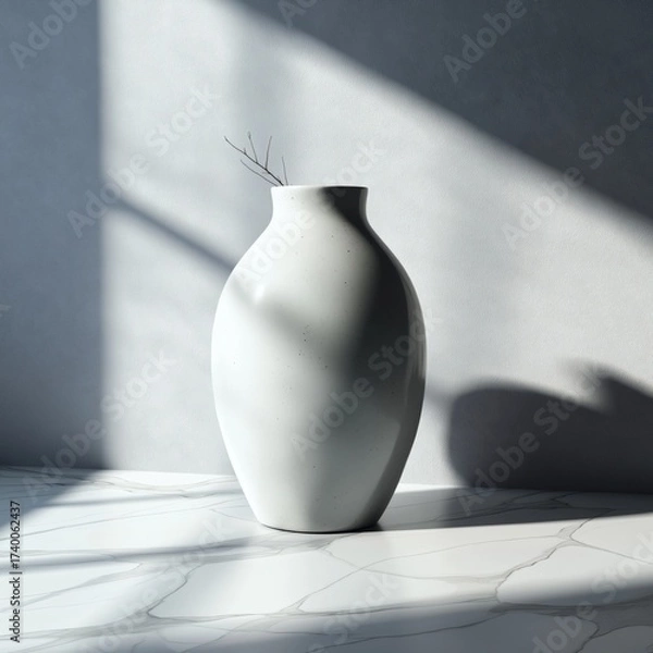 Fototapeta Minimalist vase with branch casting shadows on a textured background.
