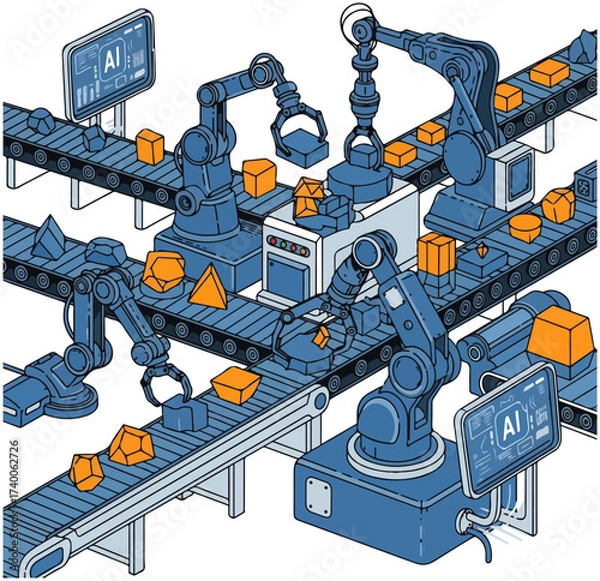 Fototapeta Production Line With Robotic Arms and Ai