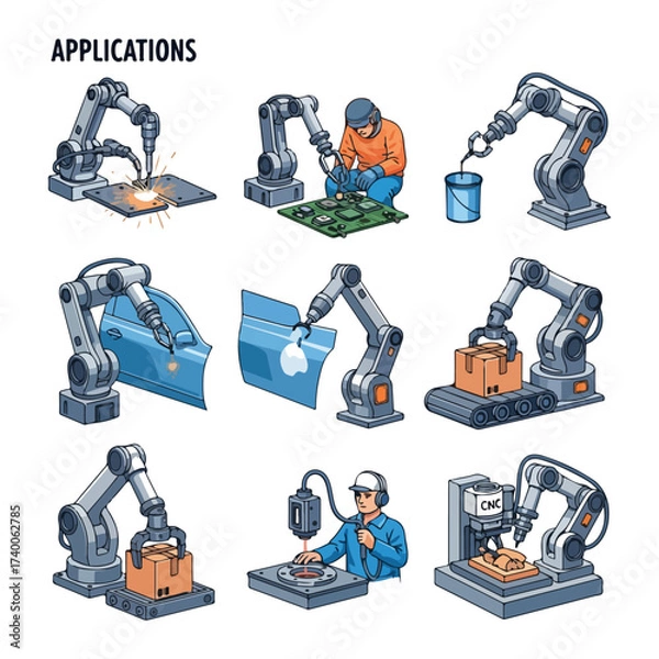 Fototapeta Robotic Arm Applications in Manufacturing Illustration Set