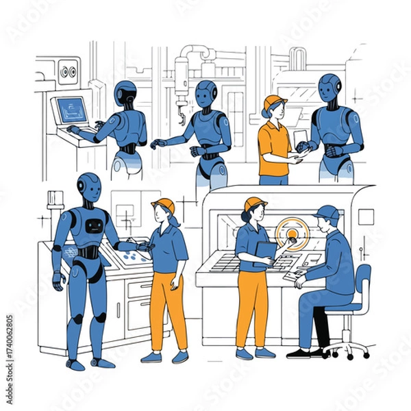 Fototapeta Robots and Humans Working Together Illustration