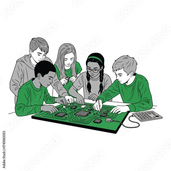 Fototapeta Students Working Together on Circuit Board Project