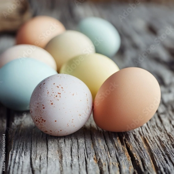 Fototapeta Colorful Eggs: A rustic collection of naturally colored chicken eggs