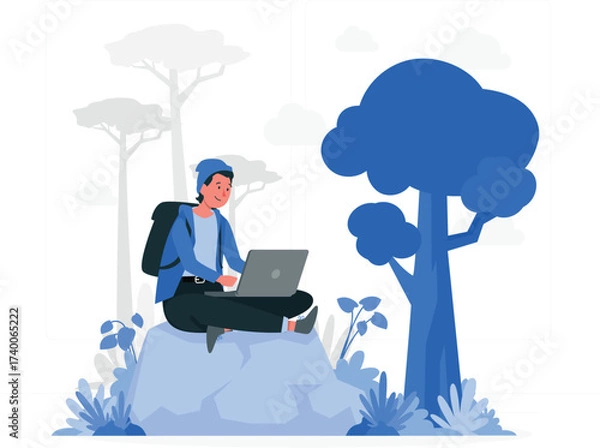 Fototapeta Businessman sitting in the office, holding a laptop and working with cloud technology