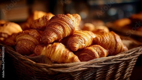 Obraz Freshly baked croissants stacked in basket, warm golden tones, bakery atmosphere, appetizing detail