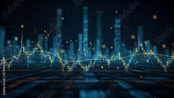 Obraz Abstract glowing trading chart with candlestick graph, representing stock market growth, investment strategy, forex analysis, and digital economy progress.