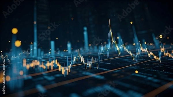 Obraz Abstract glowing trading chart with candlestick graph, representing stock market growth, investment strategy, forex analysis, and digital economy progress.