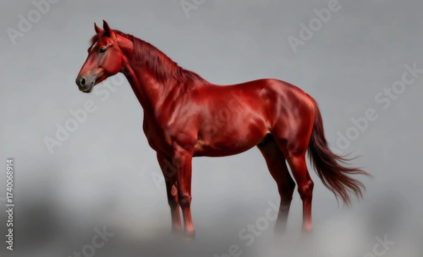 Fototapeta Beautiful red horse standing gracefully against a soft, blurred background in natural light