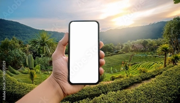 Fototapeta hand holding smartphone with blank screen in garden