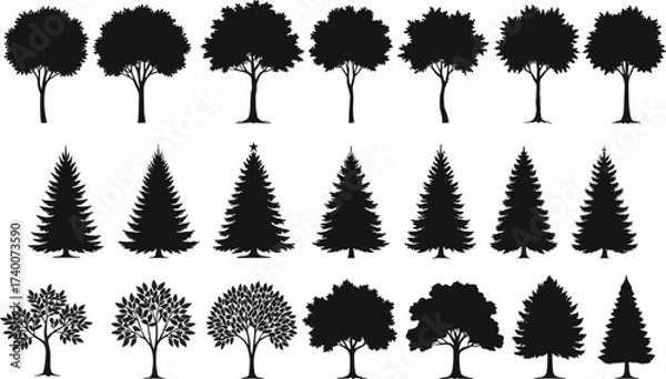 Fototapeta PrintBlack tree silhouettes collection, isolated vector icons, pine trees, deciduous trees, Christmas tree shapes, nature illustration, forest graphic elements, design resources