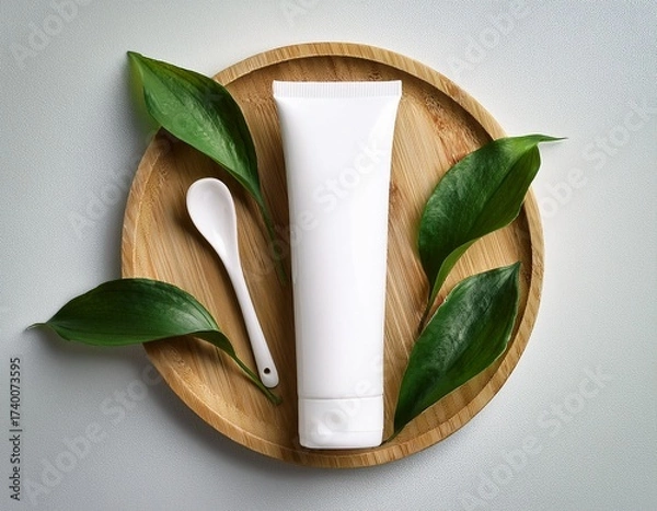Fototapeta white tube mockup with green leaves and spoon