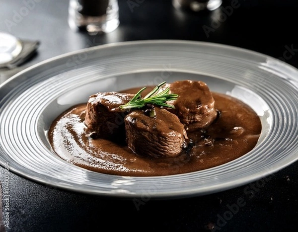 Fototapeta veal medallion slices with marsala sauce gloss in cinematic lighting