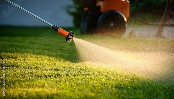 Fototapeta spraying the grass for lawn care with spray from a lawn applicator